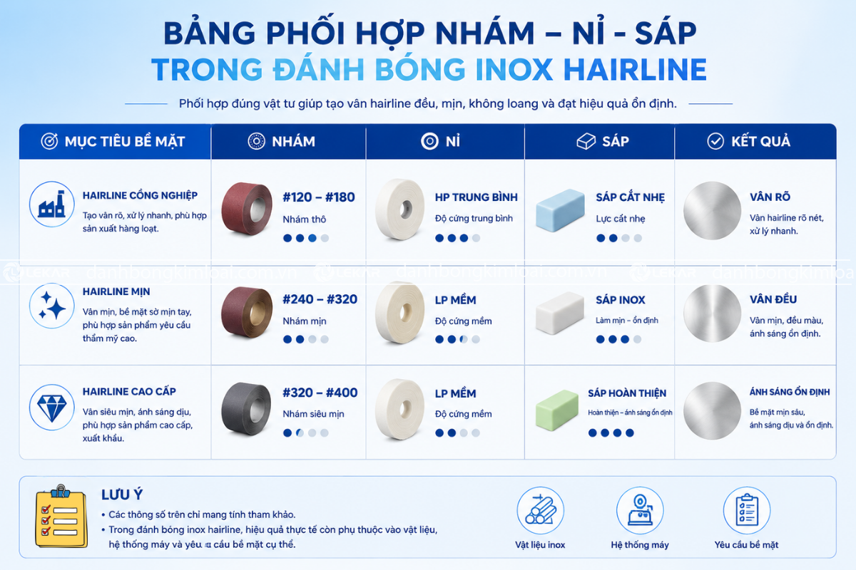 Đánh bóng inox hairline: phối hợp nhám - nỉ - sáp để ra vân đều, không loang