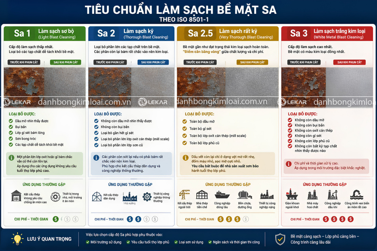 Phun cát làm sạch bề mặt kim loại: chuẩn hóa độ sạch (Sa) và độ nhám (Rz/Ra)